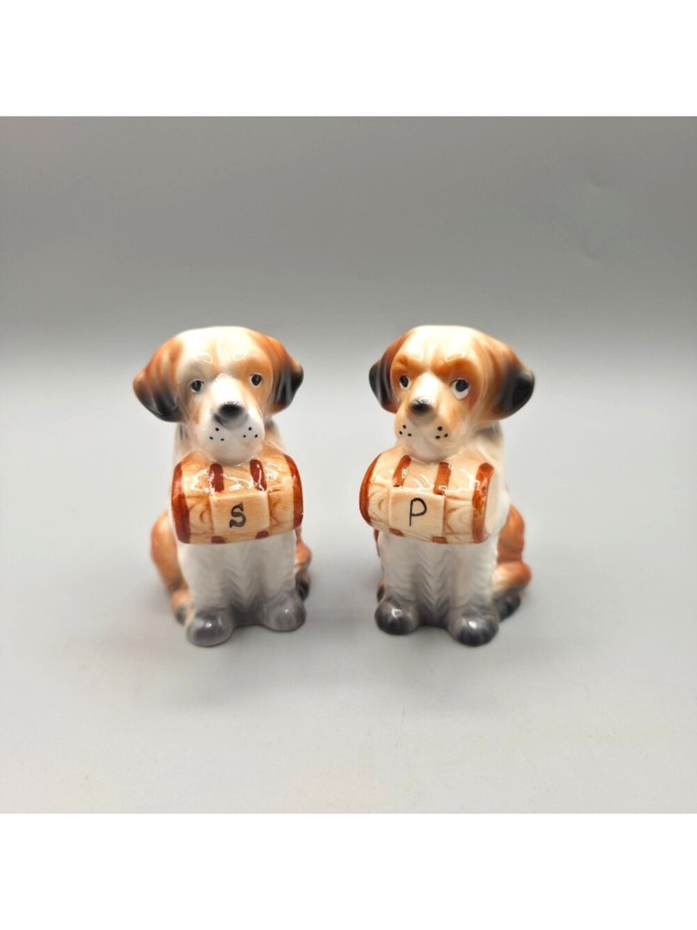 Vintage Norcrest St Bernard Dog Salt Pepper Shakers Ceramic Figural Korea 1970s